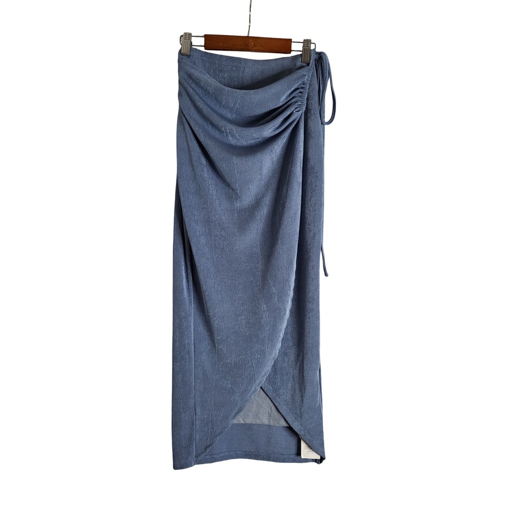 Cider Blue Textured Draped Wrap Midi Skirt Side Tie Blue M Resortwear Bohemian